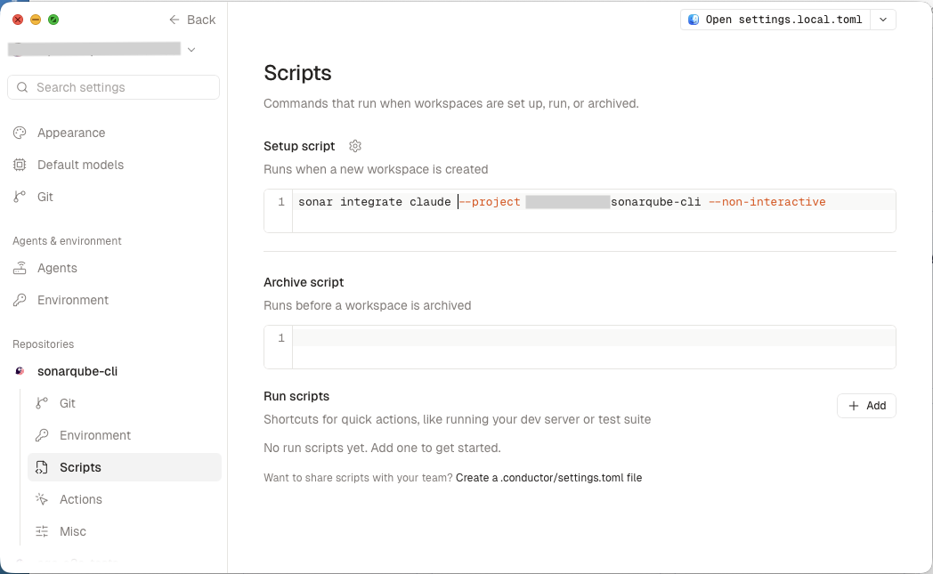 The Scripts page of the Conductor repository settings, showing the sonar integrate command in the Setup script field.